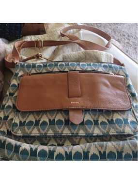 Vintage fossil‎ leather and fabric handbag w. Shoulder strap